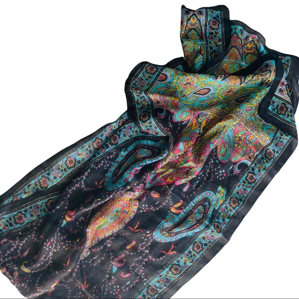 Vintage Rainbow Genuine Silk Paisley Rolled Hem Long Rectangular Women Men Scarf